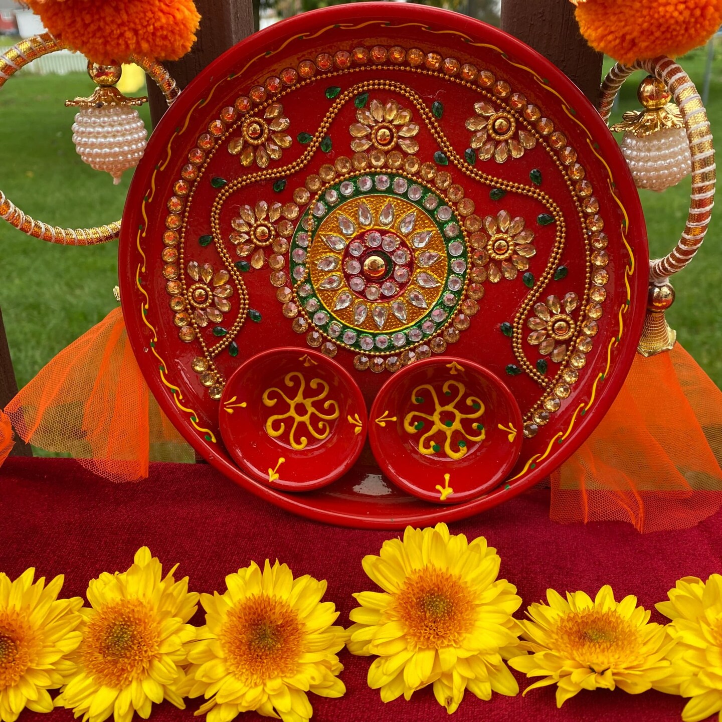 Rhinestone Pooja Aarti Thali with Bowls Meenakari Work Red Painted Handmade Stylish Platter Haldi Kumkum Thali Ganesh Pooja Teej Diwali Pooja Thali Housewarming Gift