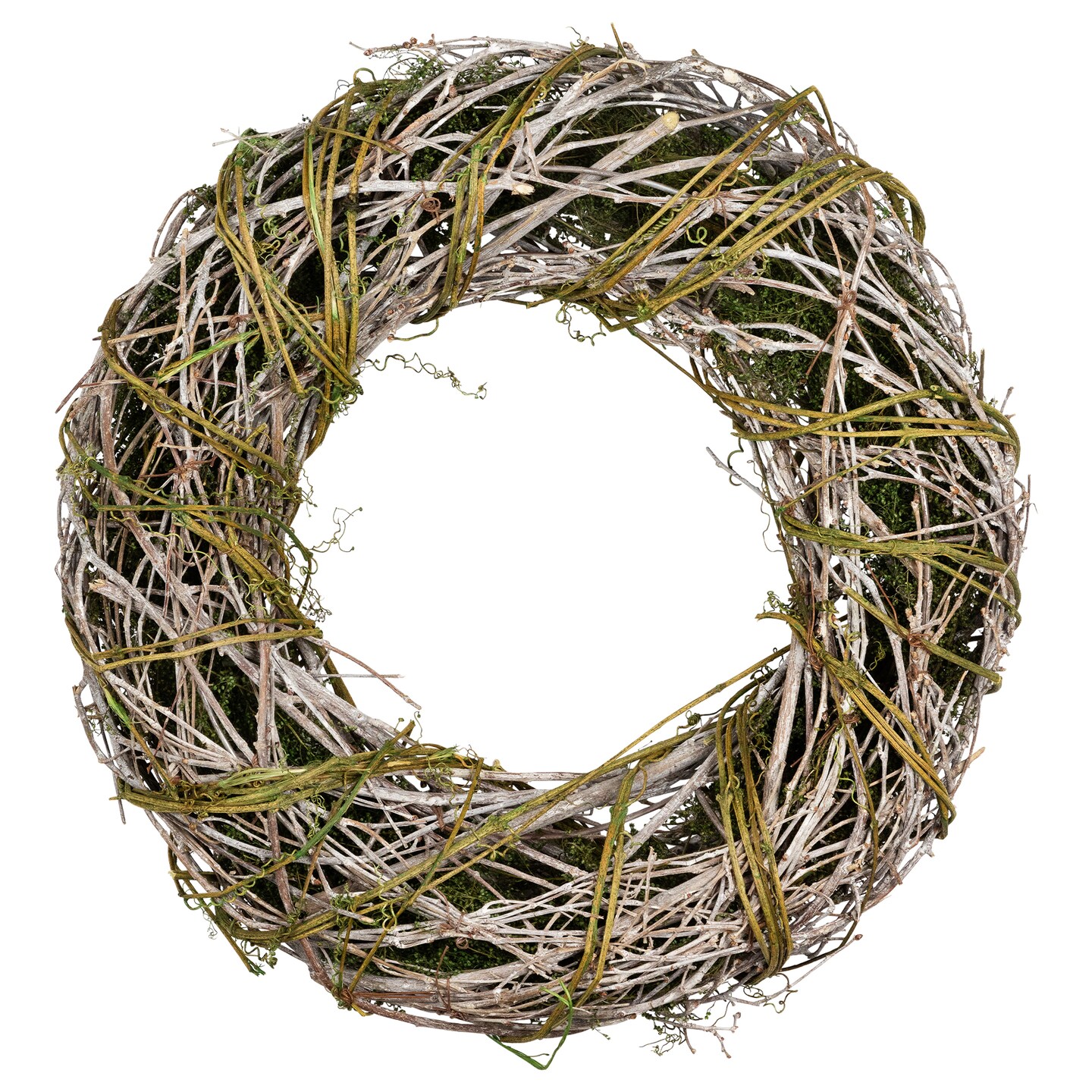 Northlight 14&#x22; Green and White Moss Twig Artificial Wreath - Unlit