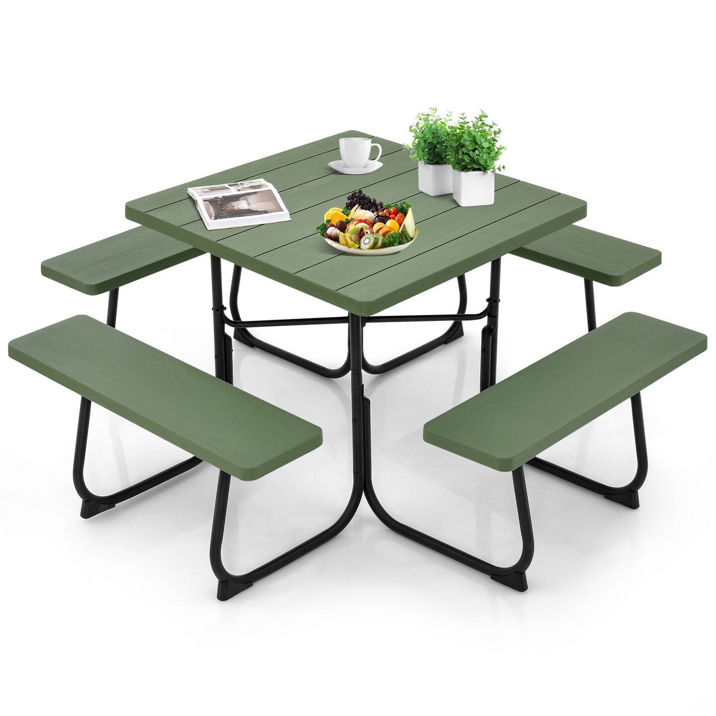 Outdoor Picnic Table With 4 Benches And Umbrella Hole