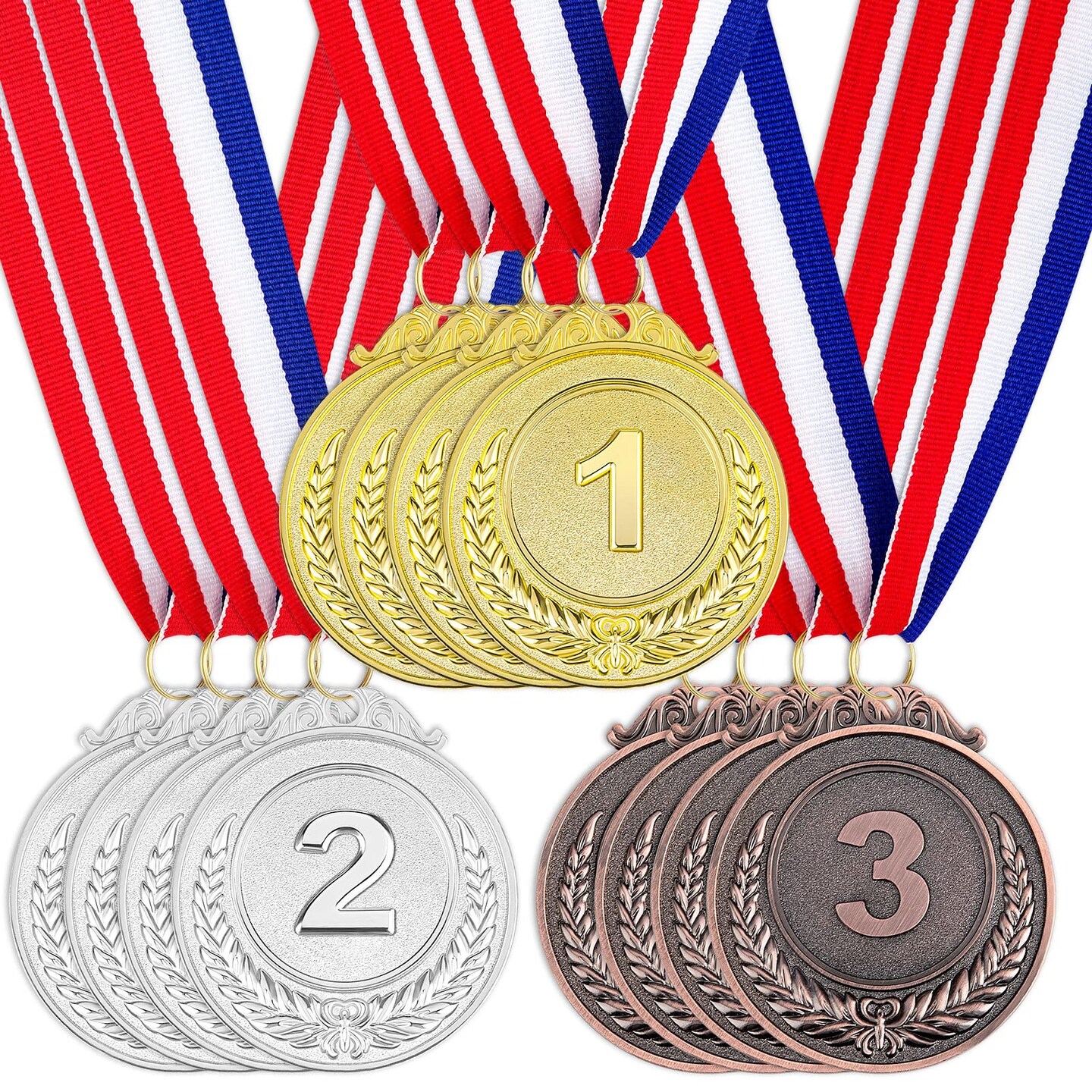 12 Pieces Award Medals 1st 2nd 3rd (Gold, Silver, Bronze) Metal Olympic Style Winner with Neck Ribbon, 2 Inches