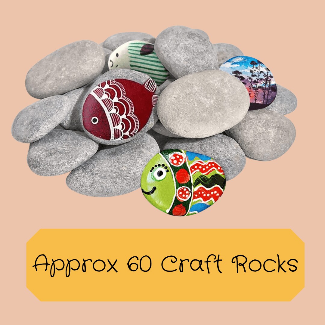 60 Craft Rocks With 15 Acrylic Paint Set And Paint Brushes , 2-3 Inches Stones for Arts &#x26; Crafting