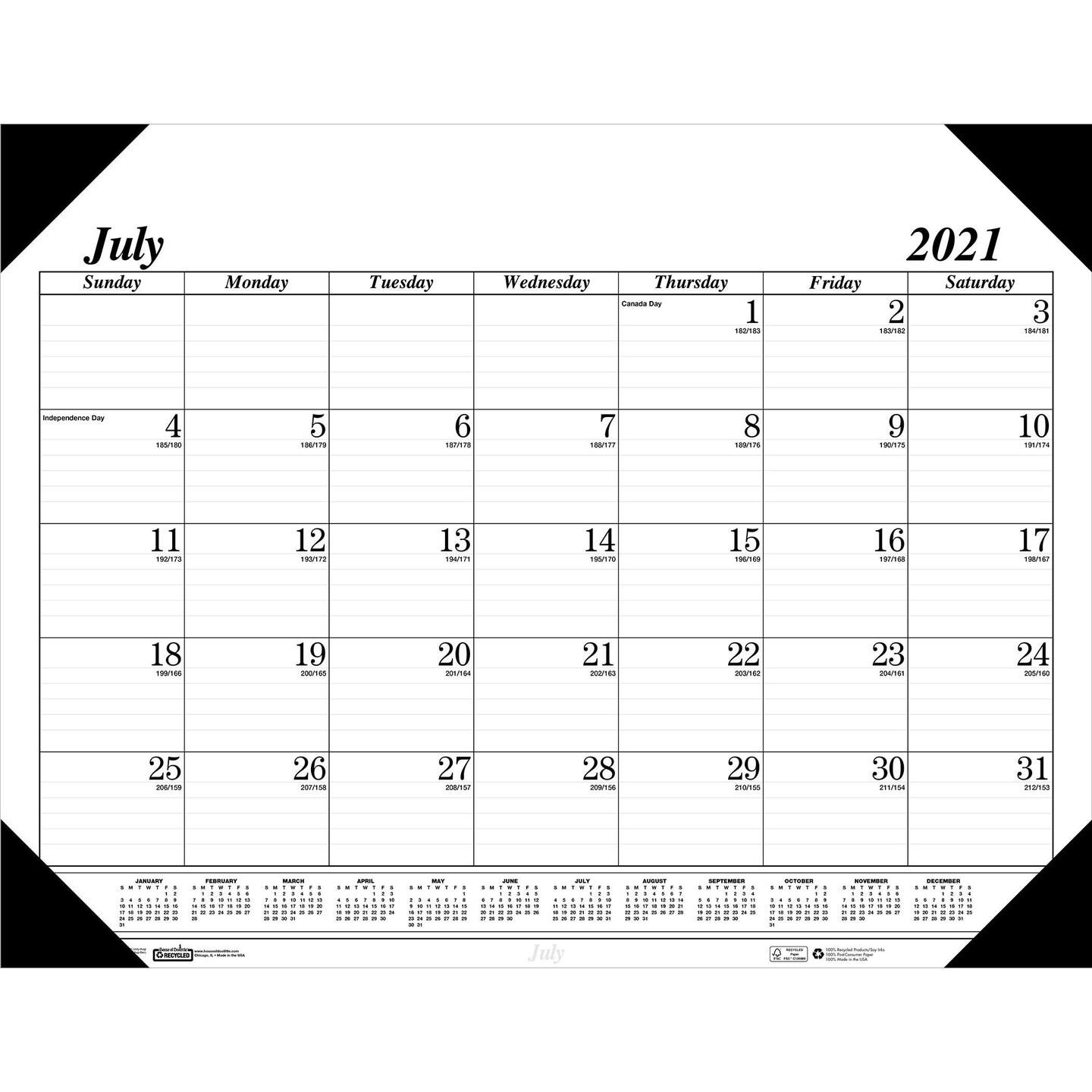 Monthly Academic Calendar Economy Desk Pad, 14 Months (Jul-Aug), 22&#x22; x 17&#x22;, Black