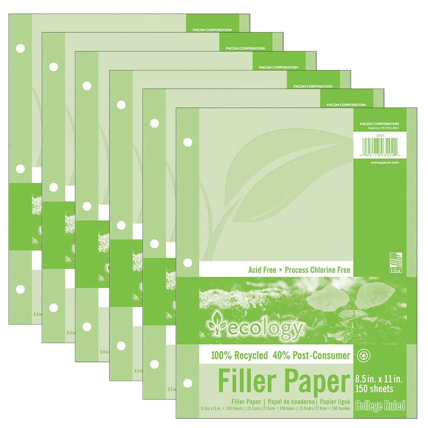 Recycled Filler Paper, White, 3-Hole Punched, 9/32&#x22; Ruled w/ Margin 8-1/2&#x22; x 11&#x22;, 150 Sheets Per Pack, 6 Packs