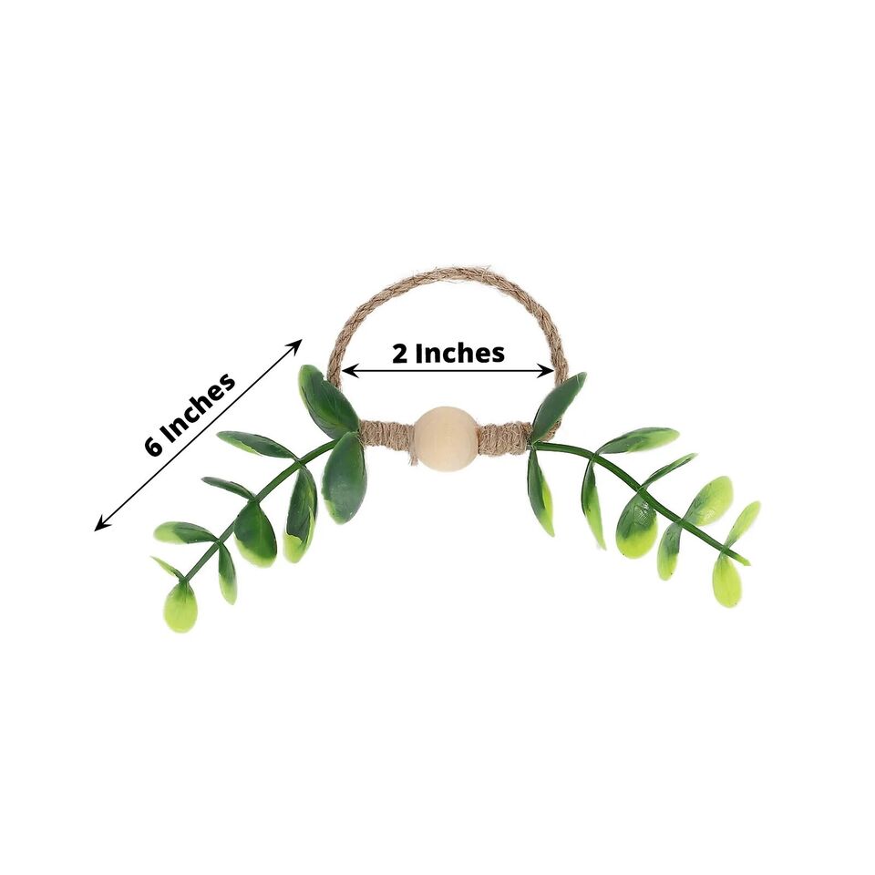 8 Natural Jute NAPKIN RINGS Wooden Bead Green Eucalyptus Leaves