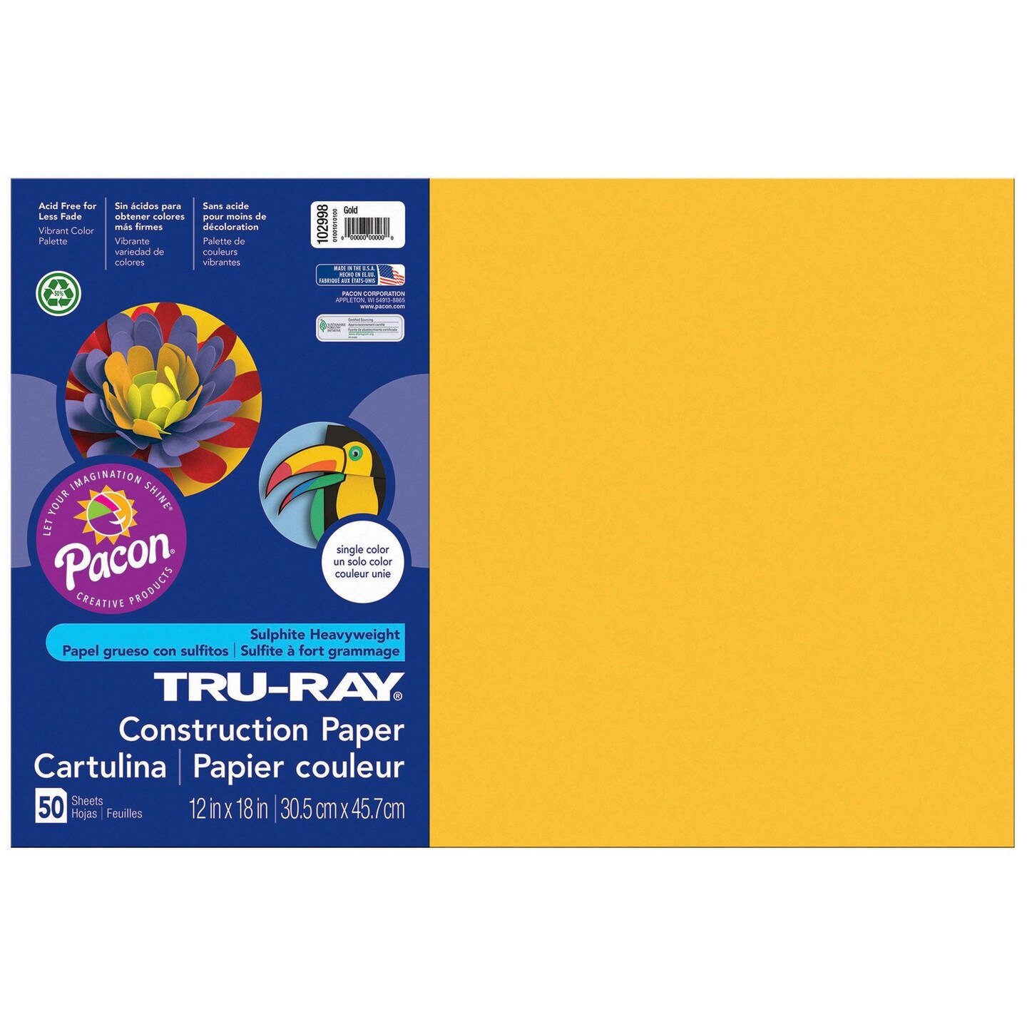 Construction Paper, Gold, 12&#x22; x 18&#x22;, 50 Sheets Per Pack, 5 Packs