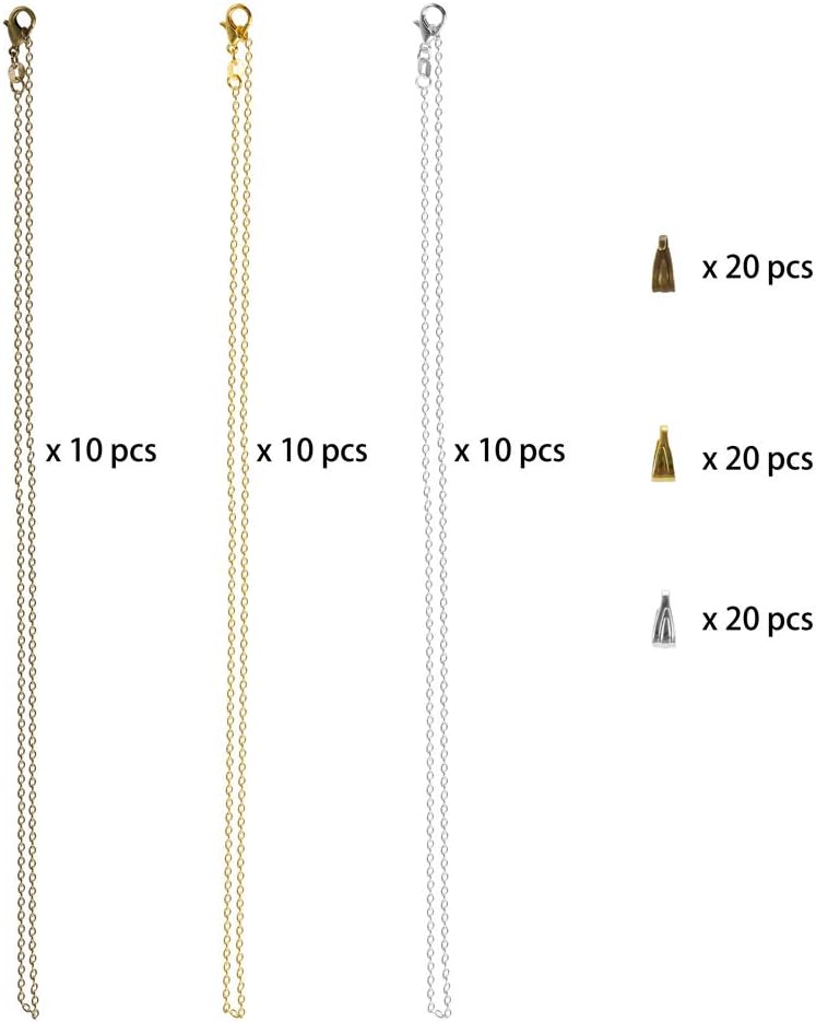 30 Pack Necklace Chains in Gold, 18 inch Silver and Bronze Plated, Bulk Cable Chain with Pinch Clasp Bails Dangle Charms for Jewelry Making