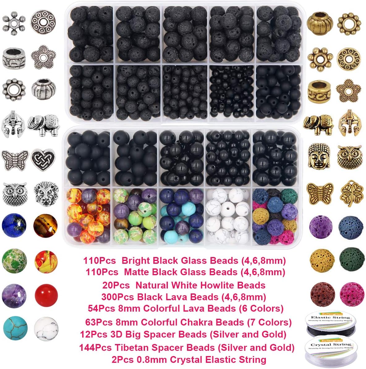 810Pcs Color Lava Rock Beads Stone Chakra Beads Spacer Beads Kit with Volcanic Gemstone Crystal String for Diffuser Essential Oils Yoga Bracelets DIY Jewelry Making Supplies (4mm 6mm 8mm)