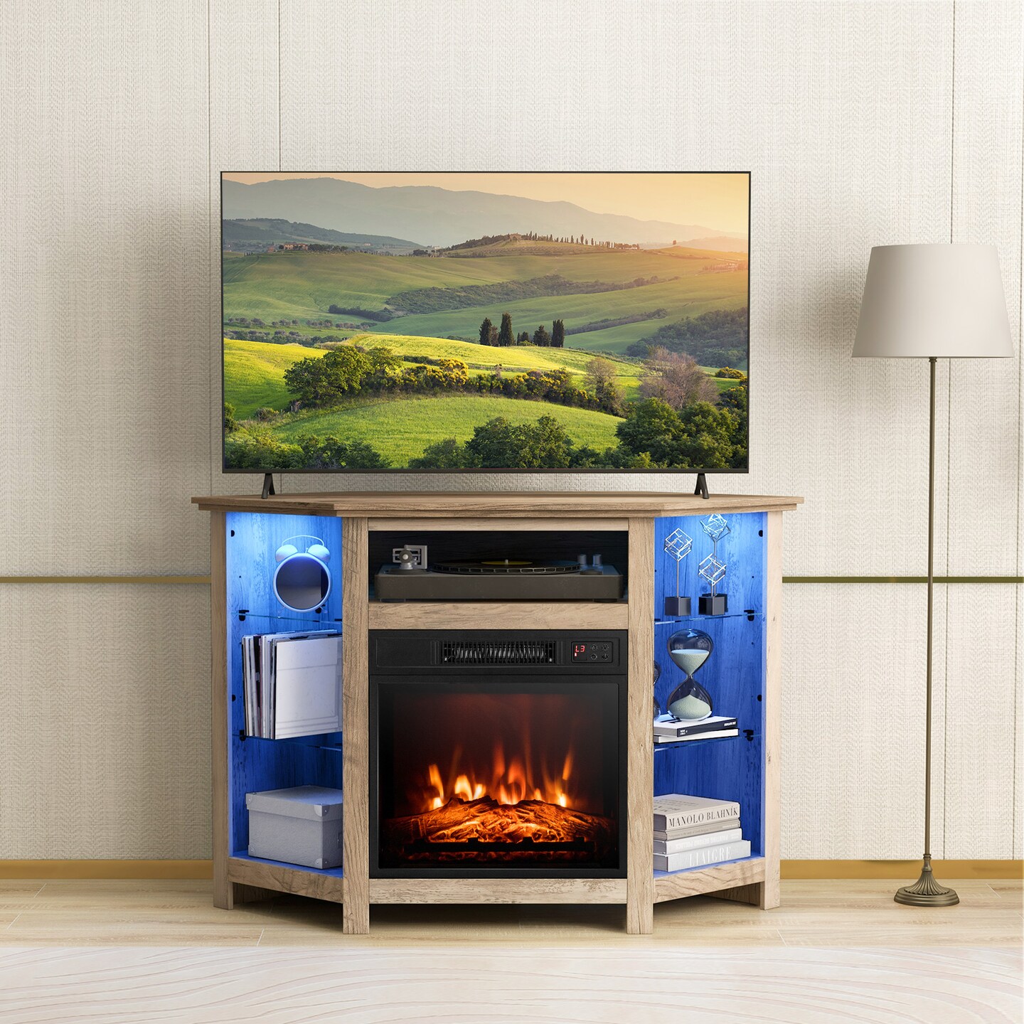 Corner Tv Stand Fireplace With Led Lights And Smart App Control For 50 Inches Tv