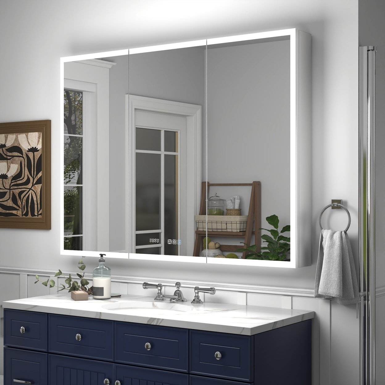 Allsumhome Rim 48&#x22; W x 36&#x22; H Led Lighted Medicine Cabinet Recessed or Surface with Clock and mirrors