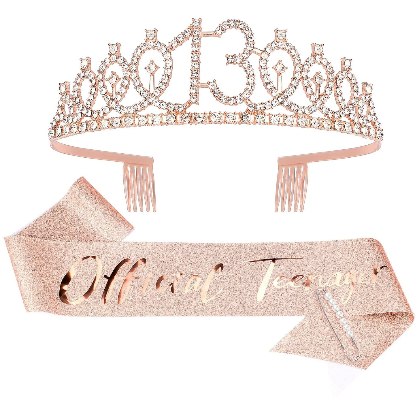 13th Birthday Crown for Girls &#x26; Official Teenager Birthday Sash &#x26; Pearl Pin Set, 13 Birthday Tiara, Birthday Gifts for Teen Girls, 13th Birthday Decorations for Girls, Teen Girl Gifts Rose Gold