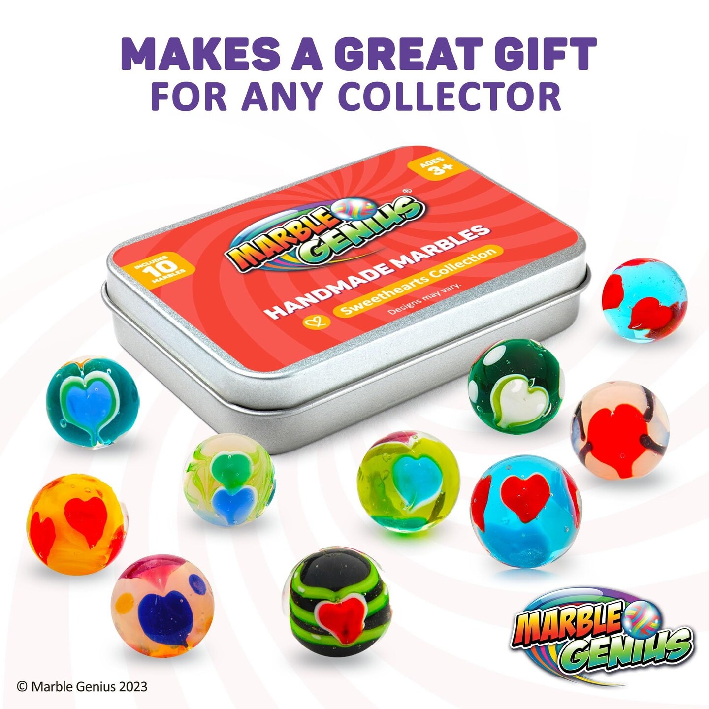Marble Genius Collectors Marbles, Sweetheart Design, 16mm (&#x215D; Inch), 10 Handmade Glass Marbles, Gifts for Marble Lovers, Gifts for Kids Ages 3+