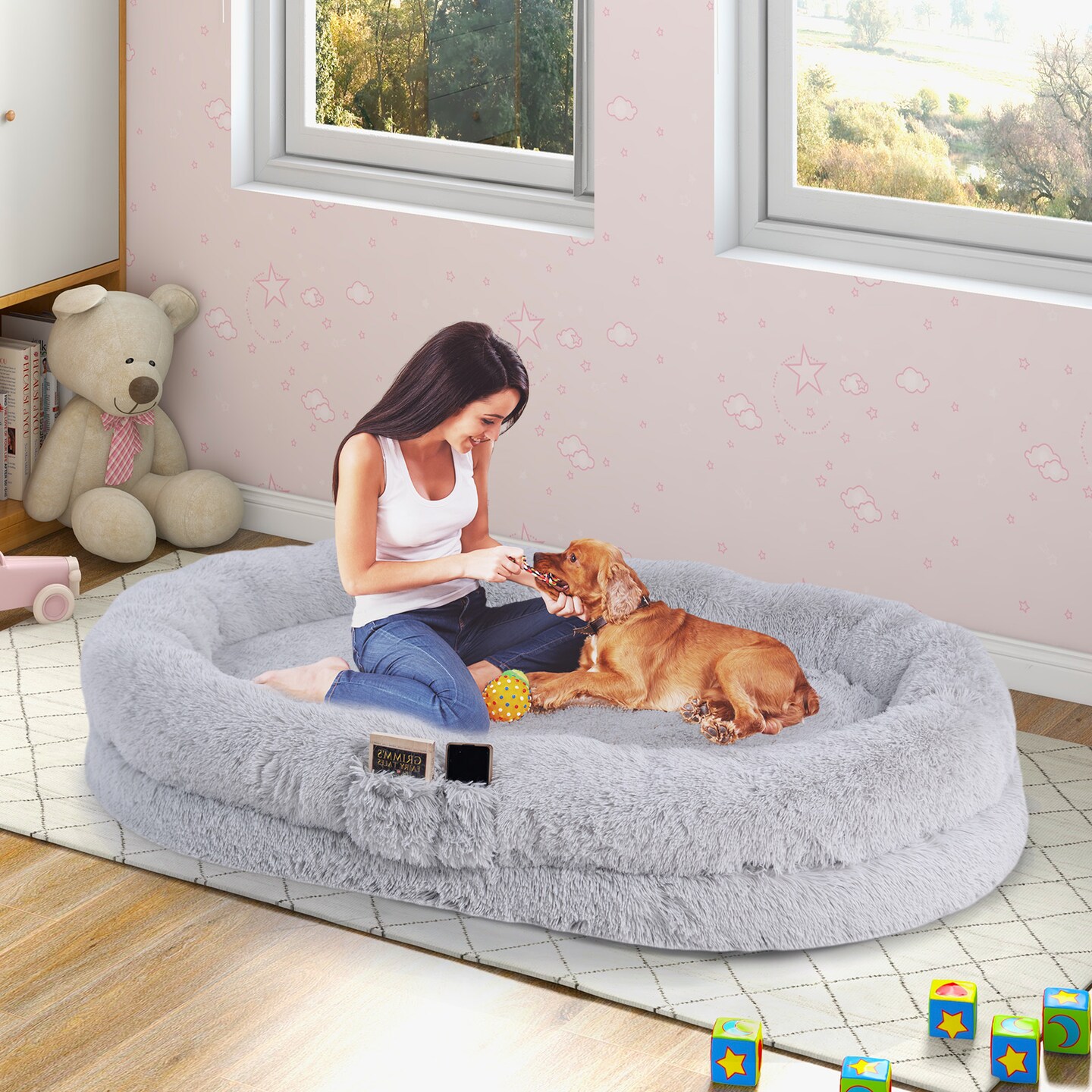 Washable Fluffy Human Dog Bed with Soft Blanket and Plump Pillow - 68" x 46" x 10" (L x W x H)