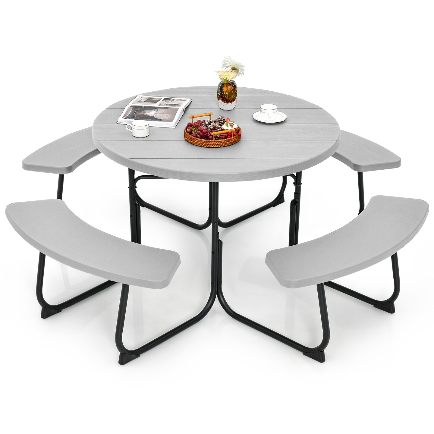 8-person Outdoor Picnic Table And Bench Set With Umbrella Hole