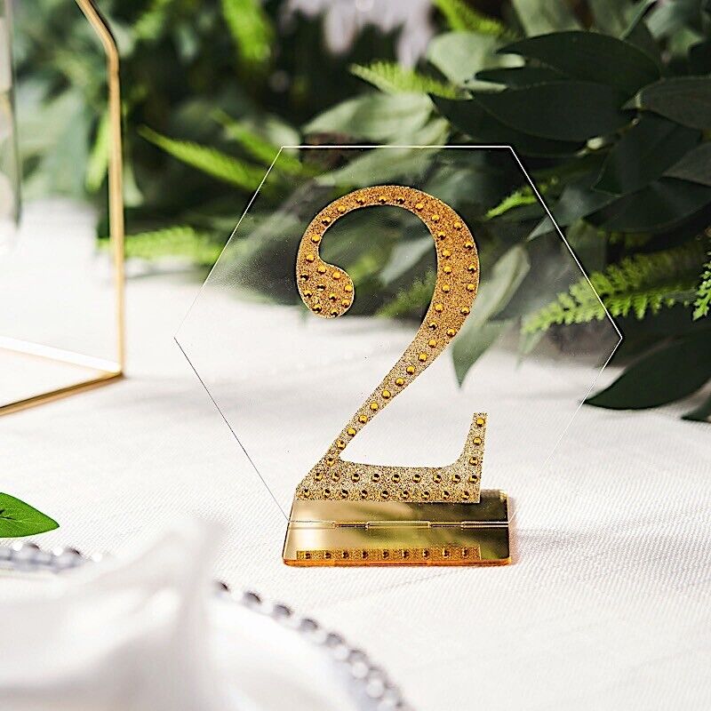 5 CLEAR GOLD 5&#x22; Hexagon ACRYLIC STANDS TABLE NUMBERS Holders