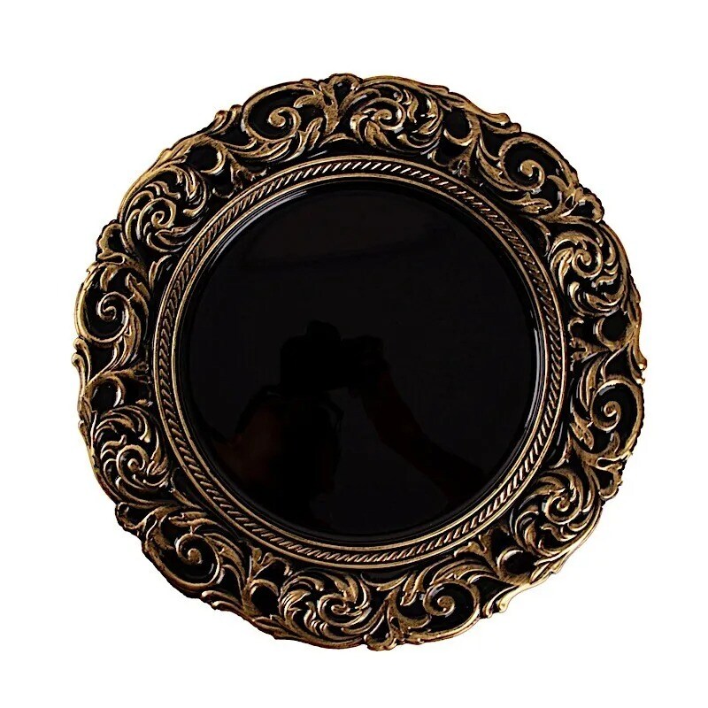 6 Black Gold 14&#x22; Round Baroque Metallic Charger Plates