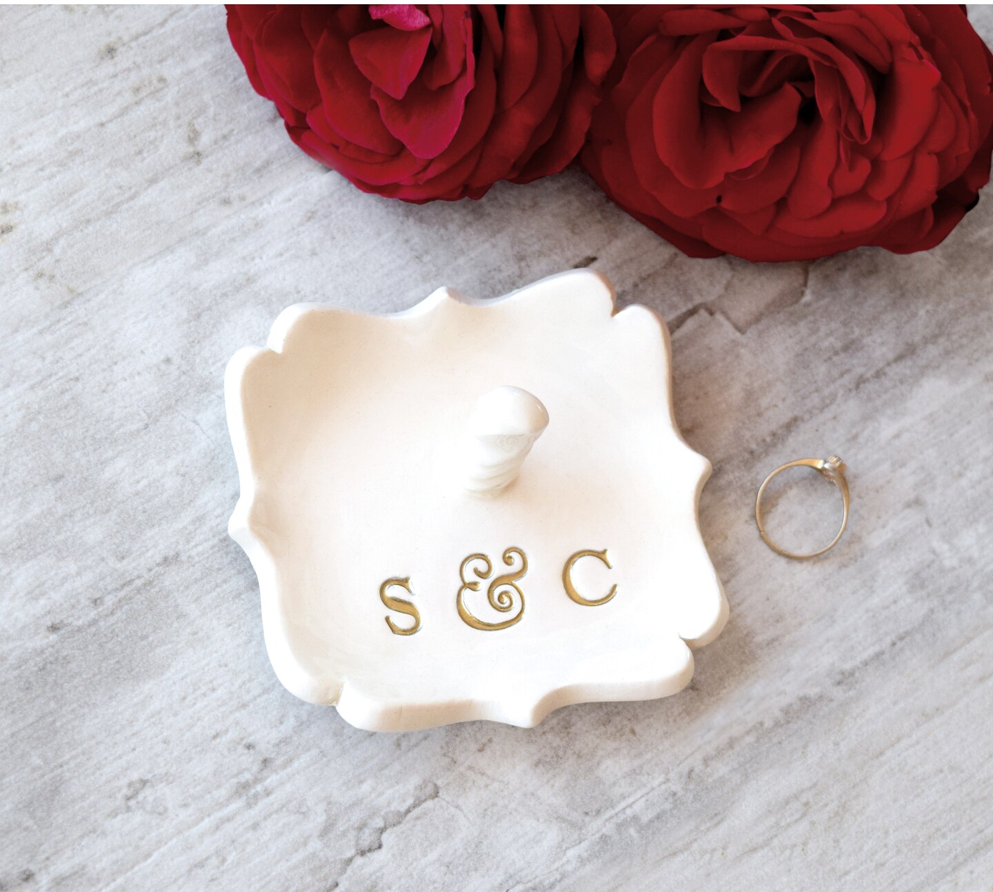 Monogram Ring Cone Gold Silver Initials Personalized Jewelry Post, Custom Wedding Ring Dish Engraved Clay Tray, Couple Anniversary Gift product 5
