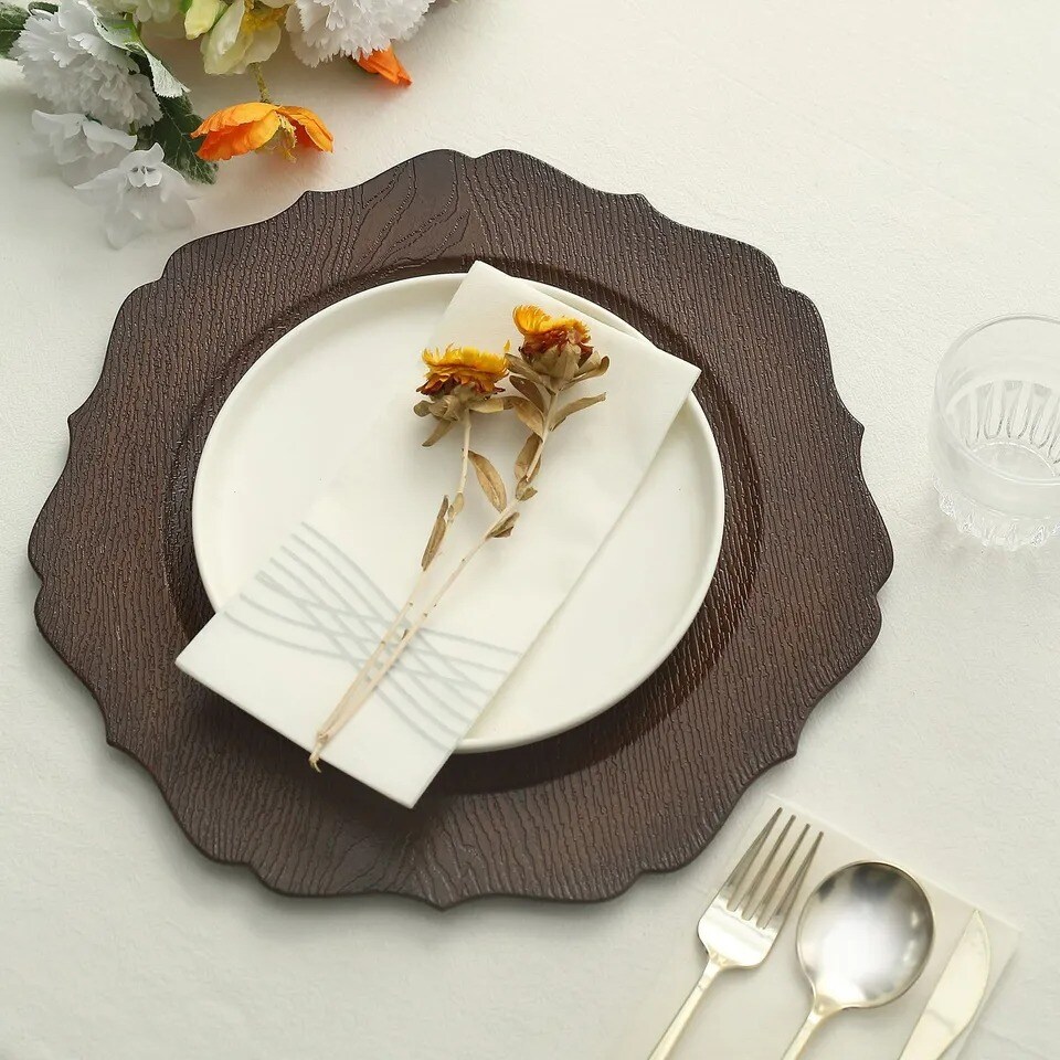 BROWN 6 Round 13&#x22; Rustic Wooden Acrylic CHARGER PLATES Scallop Rim