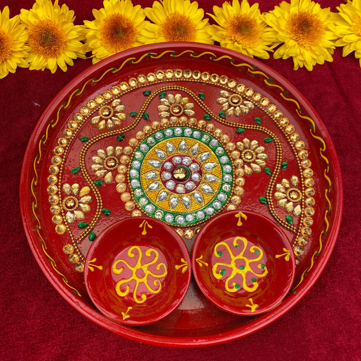 Rhinestone Pooja Aarti Thali with Bowls Meenakari Work Red Painted Handmade Stylish Platter Haldi Kumkum Thali Ganesh Pooja Teej Diwali Pooja Thali Housewarming Gift