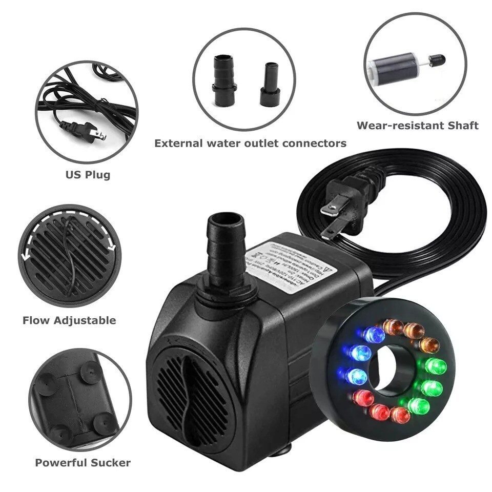 Submersible Water Pump with 12 LED 16W Lights for Fountain Pool