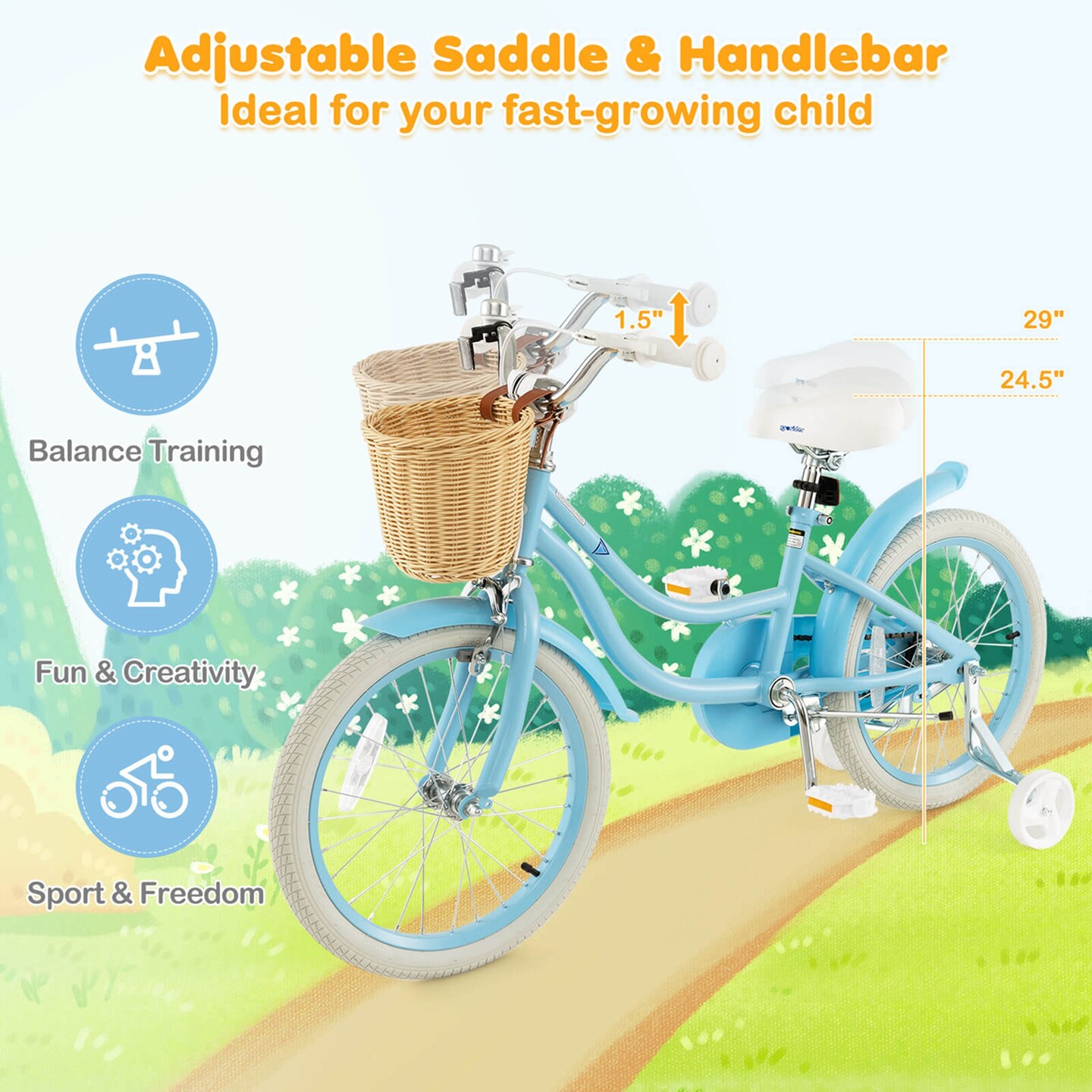 Prorider 18" Kid's Bike with Training Wheels Adjustable Handlebar Seat Handbrake Blue/Green/Pink
