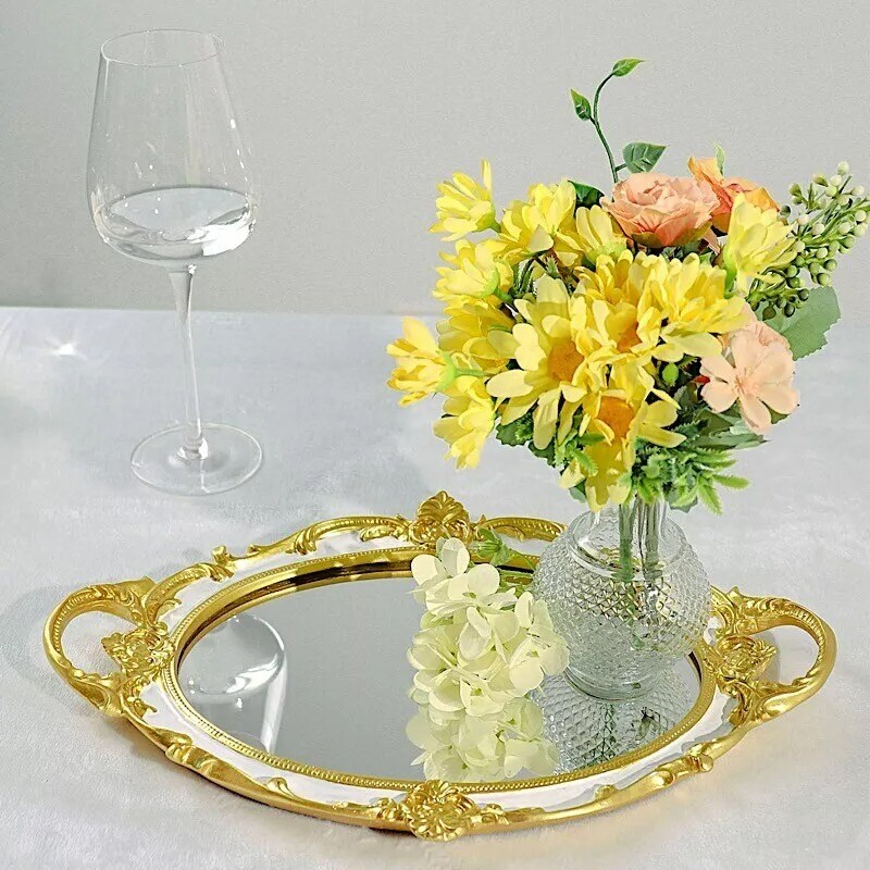 14&#x22;x10&#x22; WHITE GOLD Metallic Oval Mirror SERVING TRAY Handles