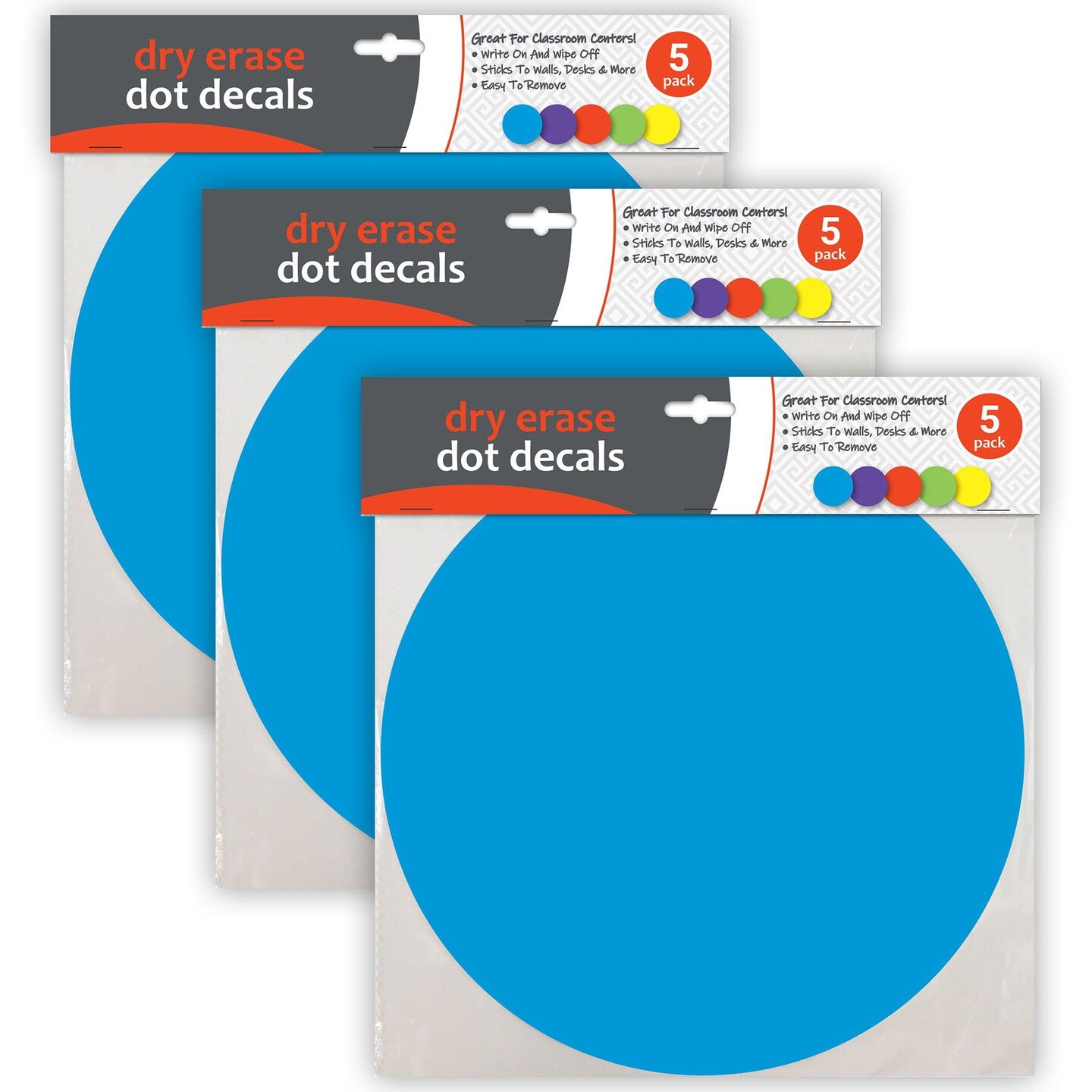 Dry Erase Dot Decals, Assorted, 11&#x22;, 5 Per Pack, 3 Packs