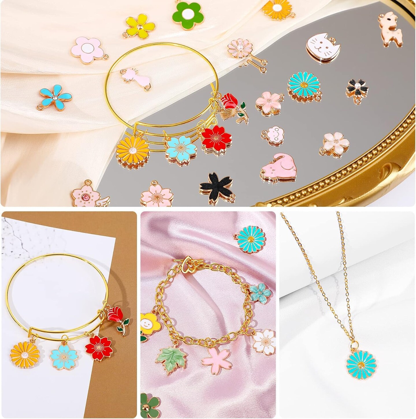 120 Pcs Spring Summer Mothers Day Floral Themed Flower Charms for Jewelry Making, Assorted Gold Enamel Charm Pendants for DIY Necklace Bracelet Earrings Supplies Gifts for Mom Women Girls