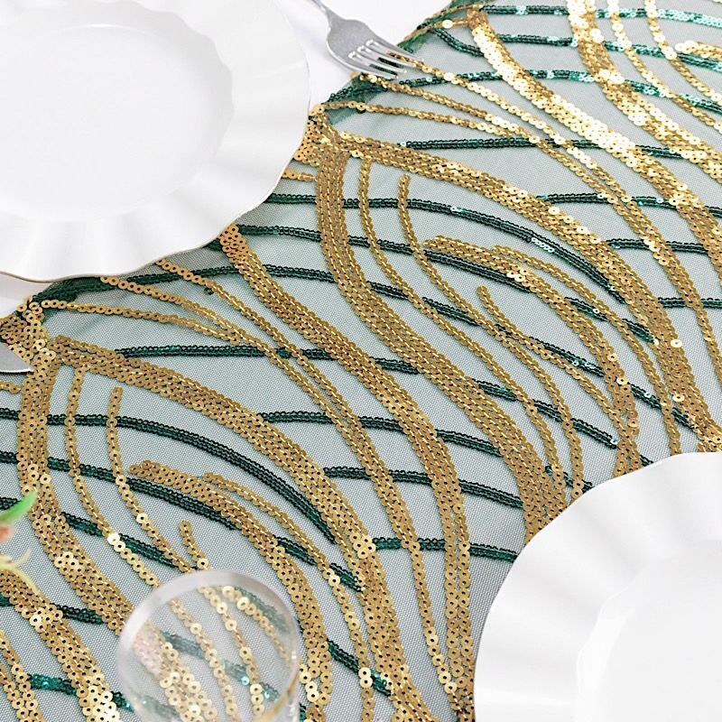 12&#x22;x108&#x22; HUNTER GREEN GOLD Mesh TABLE RUNNER Wavy Embroidered Sequins