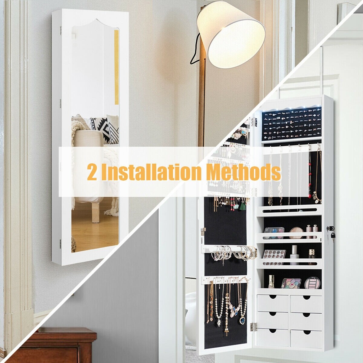 5 LED Lights Lockable Mirror Jewelry Cabinet Armoire With 6 Drawers