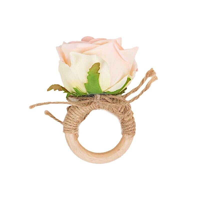 4 Natural Round Wood NAPKIN RINGS Jute and Silk Rose Flower