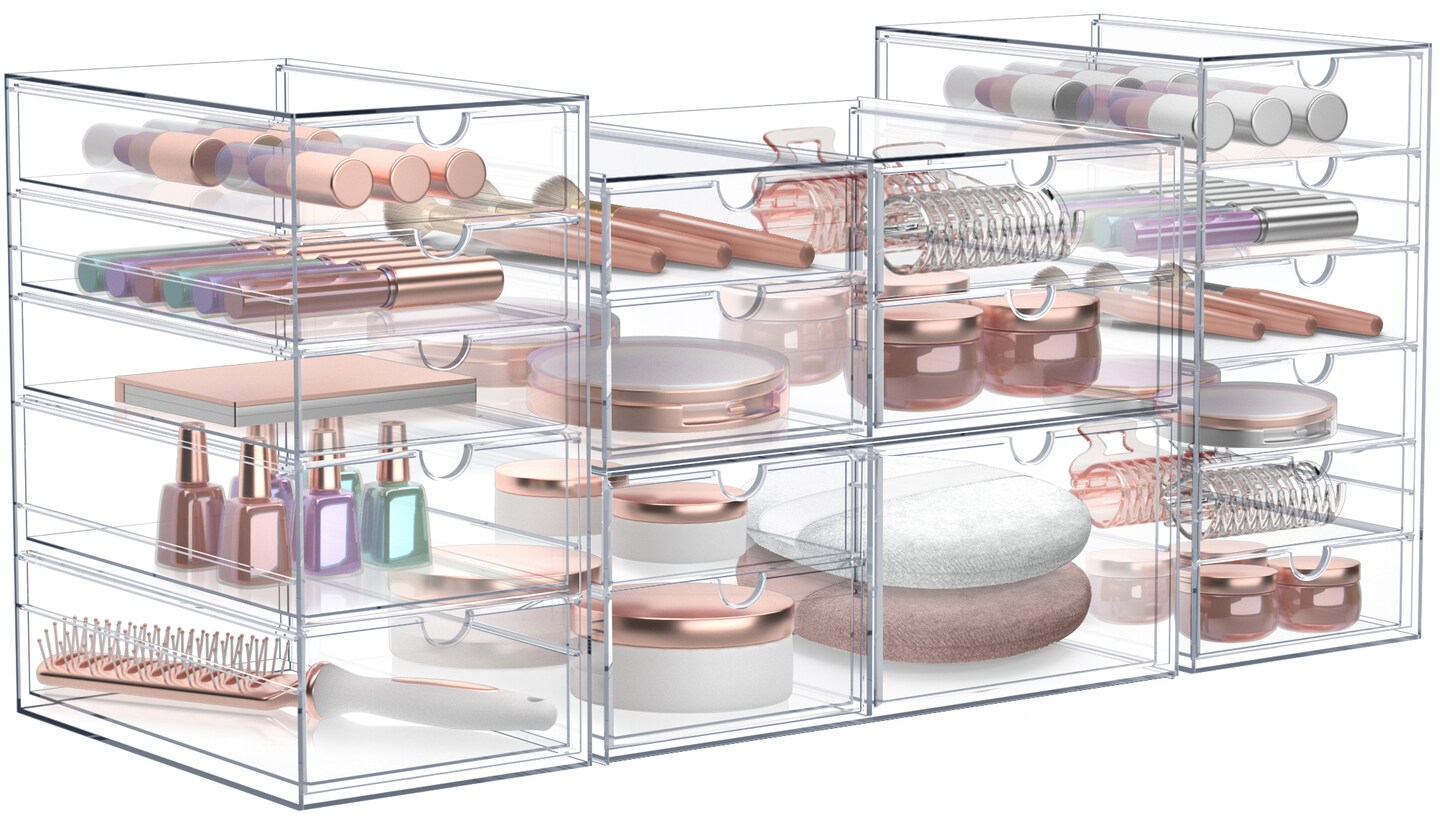 Sorbus 18 Drawers Acrylic Organizer for Makeup, Organization and Storage, Art Supplies, Jewelry, Stationary - 4 Pcs Clear Stackable Storage Drawers