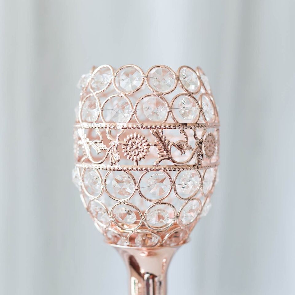 2 Rose Gold Metal 16&#x22; tall Beaded Candle Holder