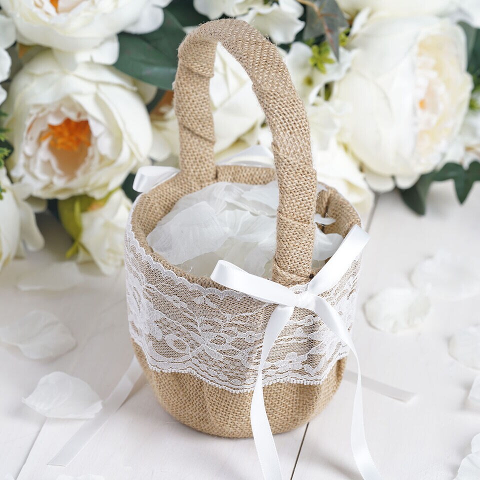 Natural Satin Ribbon Lace Accent on Burlap Flower Girl Basket