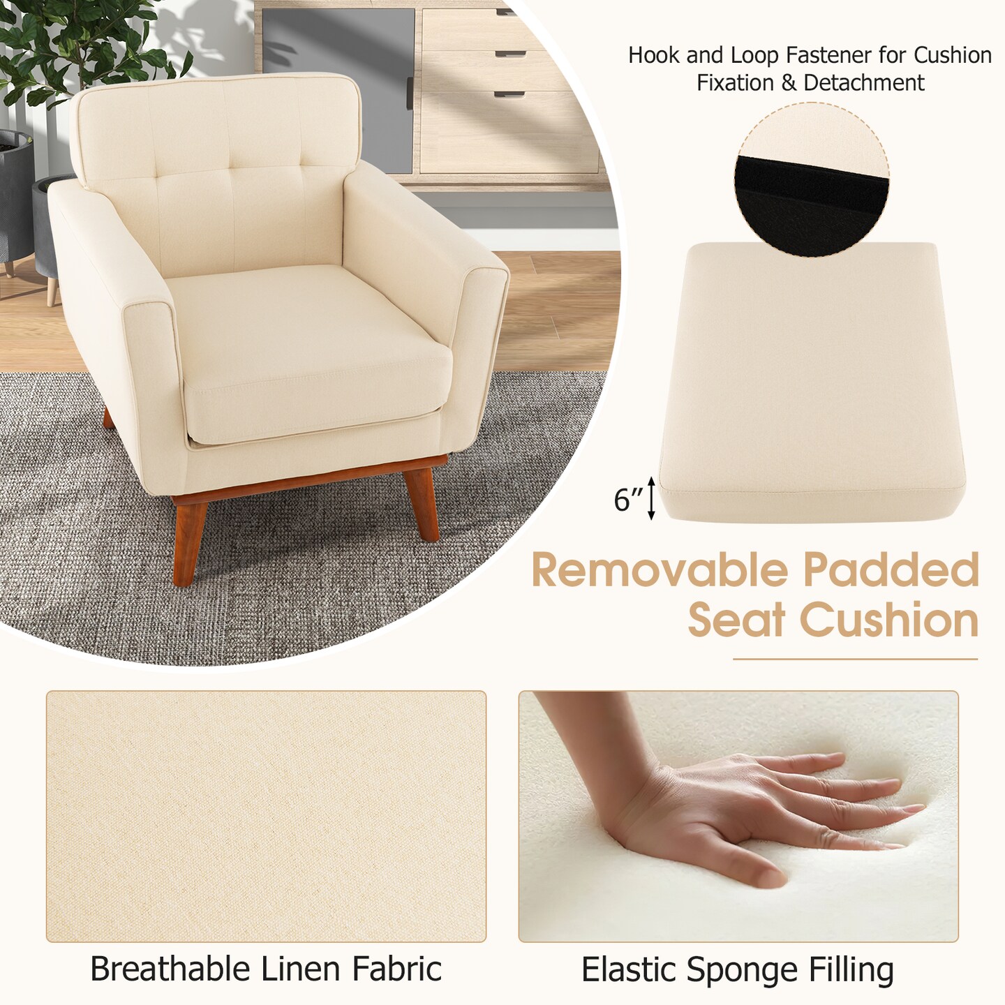Modern Accent Chair Upholstered Linen Fabric Armchair With Removable Padded Seat Cushion