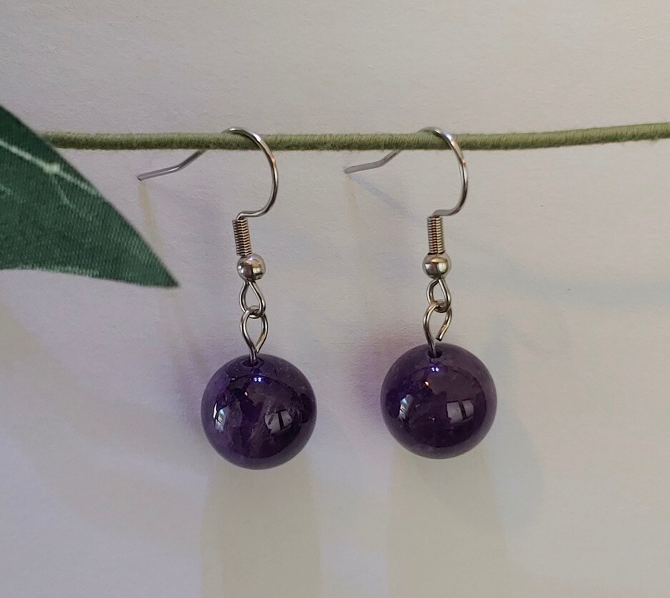 12mm Round Amethyst on Stainless Steel Fish Hooks