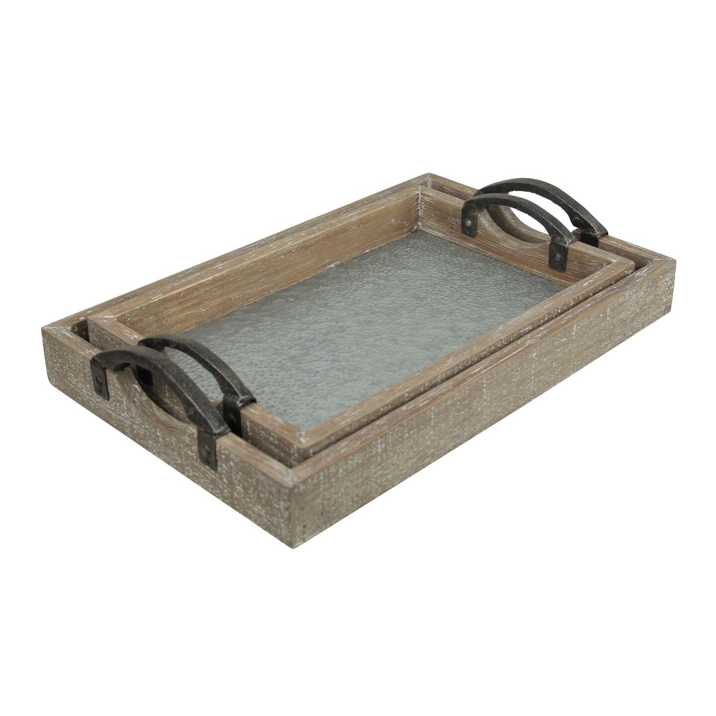 Contemporary Home Living Set of 2 Gray and Brown Rectangular Galvanized Base Tray 19&#x22;