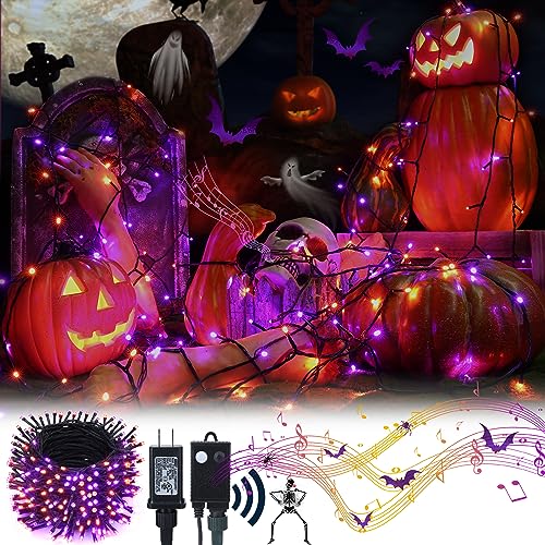 Toodour Halloween Lights Outdoor, 82FT 200 LED Halloween String Lights with Spooky Music Waterproof, Plug in Motion Sensor Orange &#x26; Purple String Light for Yard Bedroom Home Party Tree Halloween Decor