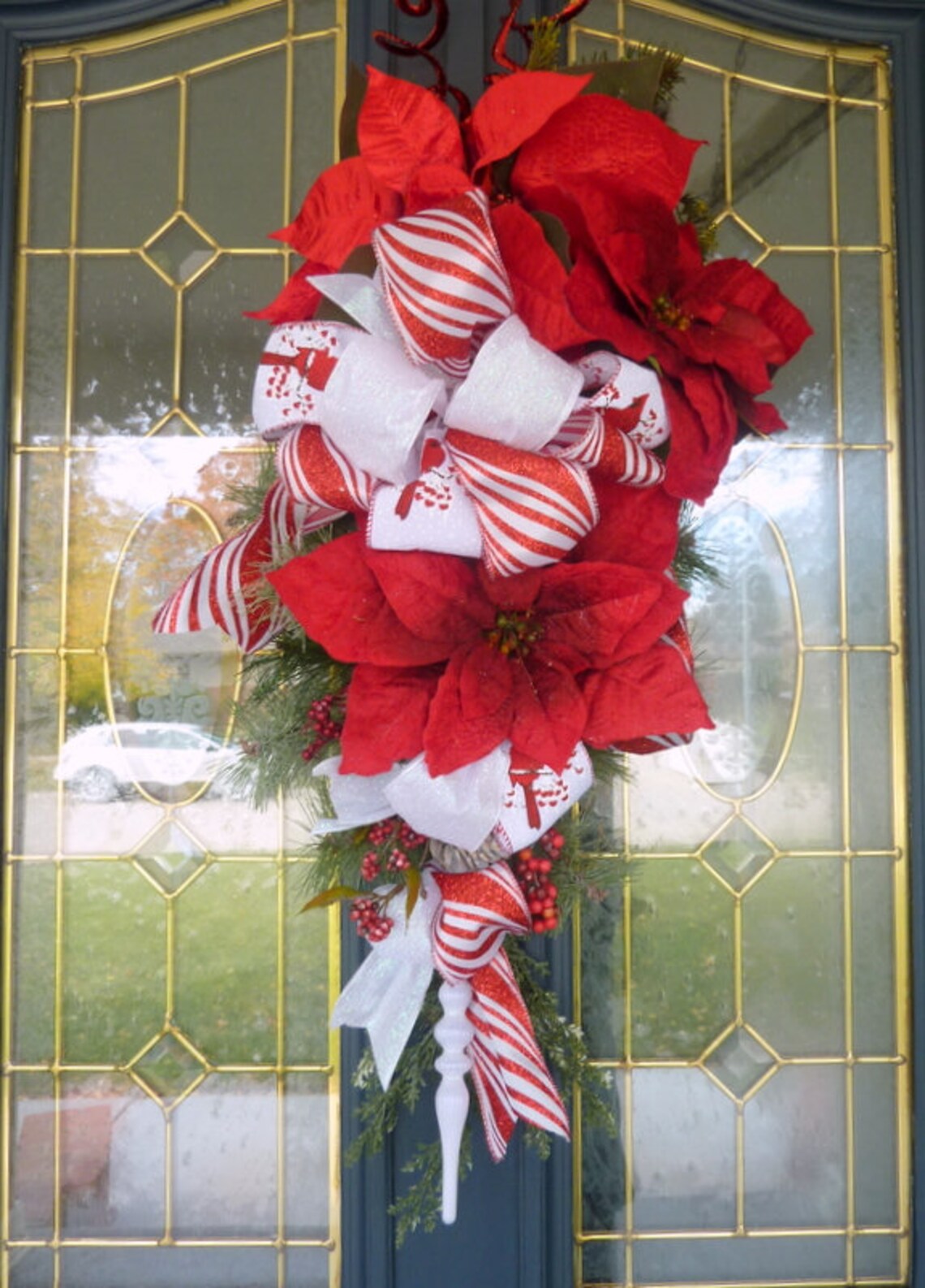 Red and White Christmas Door Swag, Christmas Wreath with Cardinal