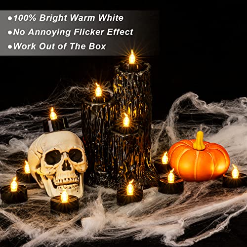 Black Candles, 24-Pack Tea Lights Battery Operated, Flameless Fake Candles Flickering, Halloween LED Candles Tea Lights for Fall Holiday Decor, Theme Party, 1.4&#x22; D X 1.3&#x27;&#x27;H- Warm White Light
