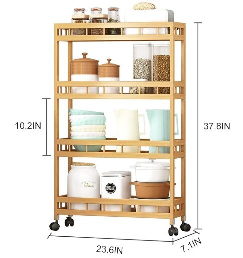 DailyNec 4-Tier Bamboo Kitchen Rolling Cart Removable Wood Trolley Island Cart, Utility Cart Multi-Layer Storage Shelf Rack with Wheels