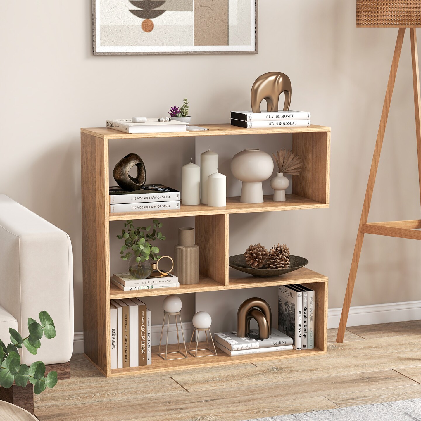 3 Cube Open Shelf Natural Engineered Wood Geometric Design Stable Storage Unit