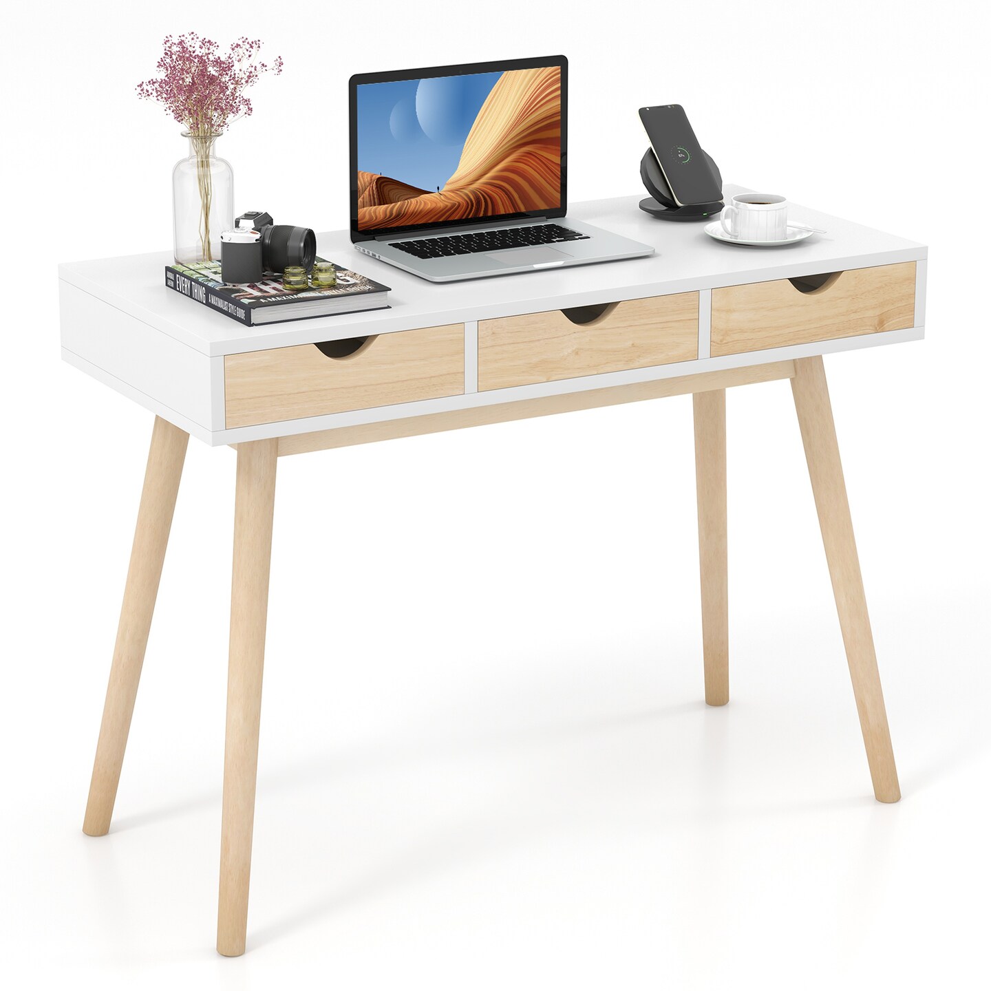 Computer Desk With 3 Drawers And Solid Rubber Wood Legs For Home Office