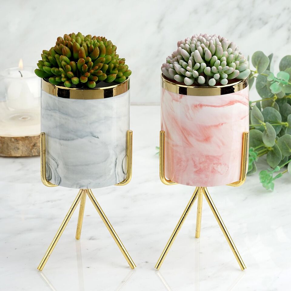 8-Inch tall Gold Iron Stand Ceramic Flower Pot Wedding Vases