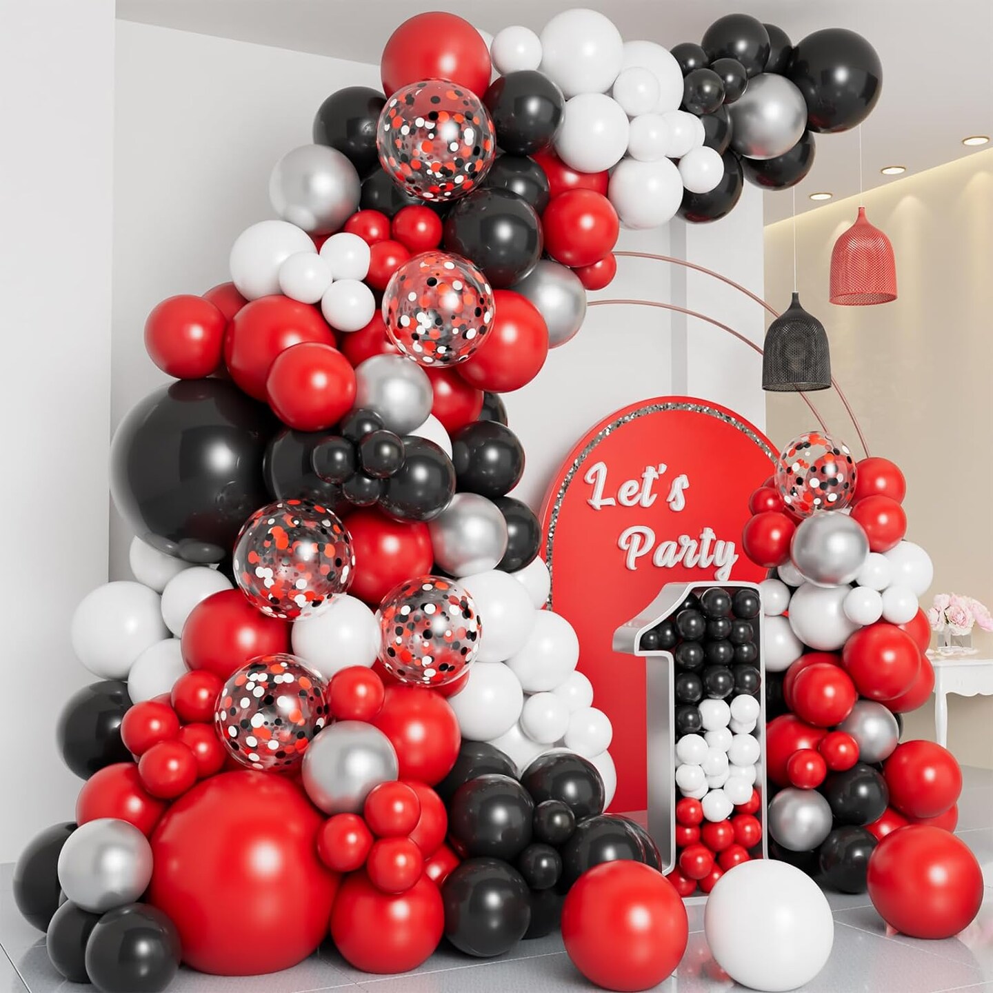 138pcs Red Black and White Balloon Garland Arch Kit with Different Size Red Black White Silver Confetti Balloons for Shower Birthday New Year Graduation Wedding Racing Car Poker Party Decorations