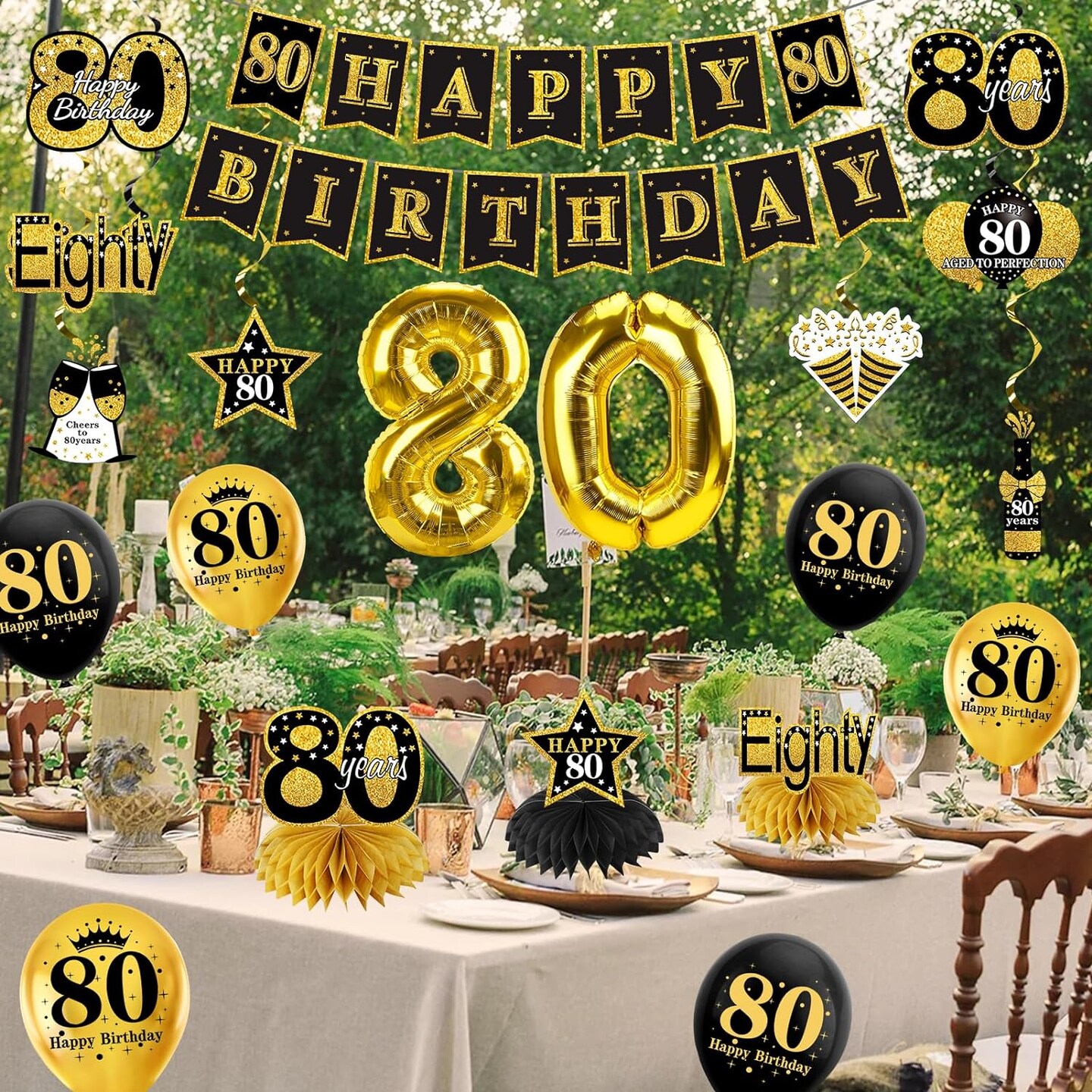 36Pcs 80th Birthday Decorations Kit for Men Women, Black Gold Happy 80 Birthday Banner Balloons Honeycomb Centerpiece Hanging Swirl Party Supplies, Eighty Year Old Bday Table Topper Decor