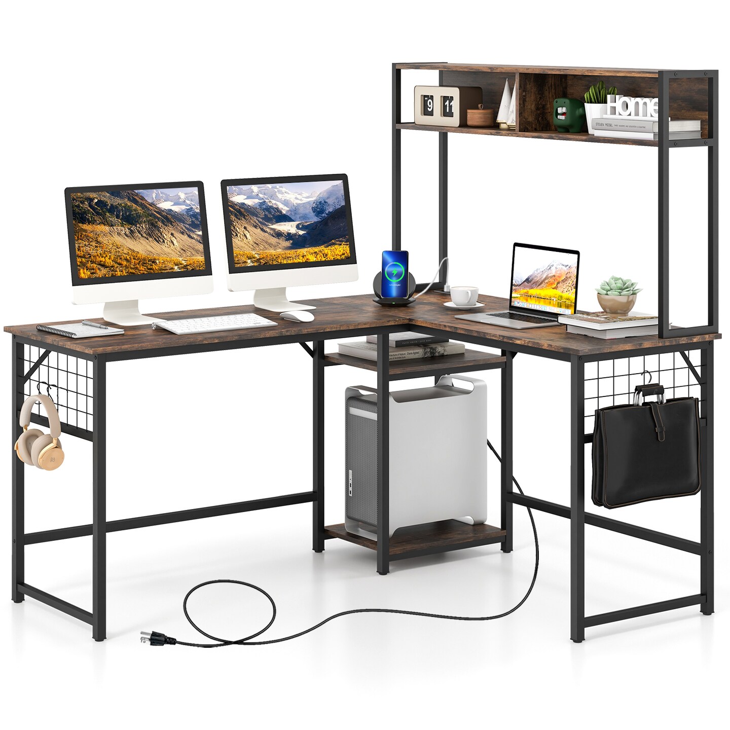 Modern L-Shaped Work Desk with Power Outlets and Storage Shelves Hutch and Open Shelves