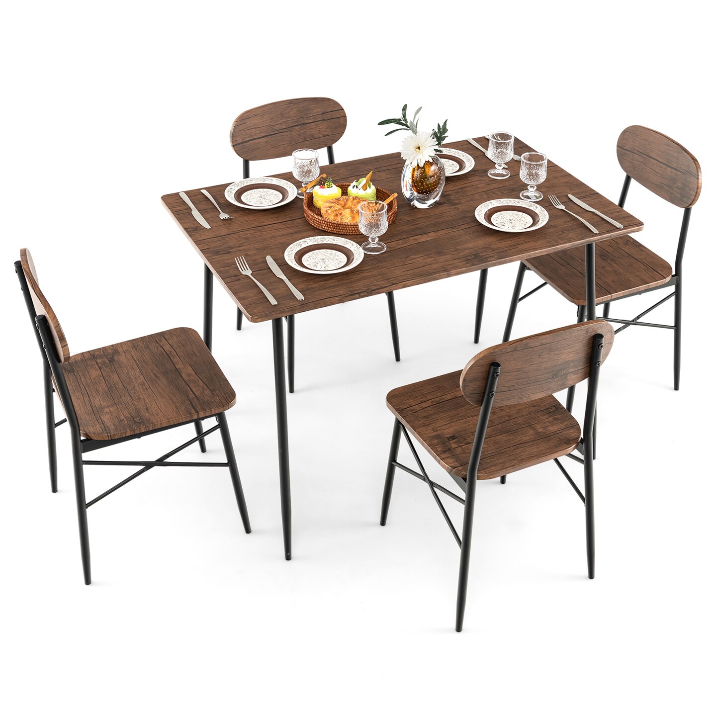 5 Piece Dining Table Set Rectangular With Backrest And Metal Legs For Breakfast Nook