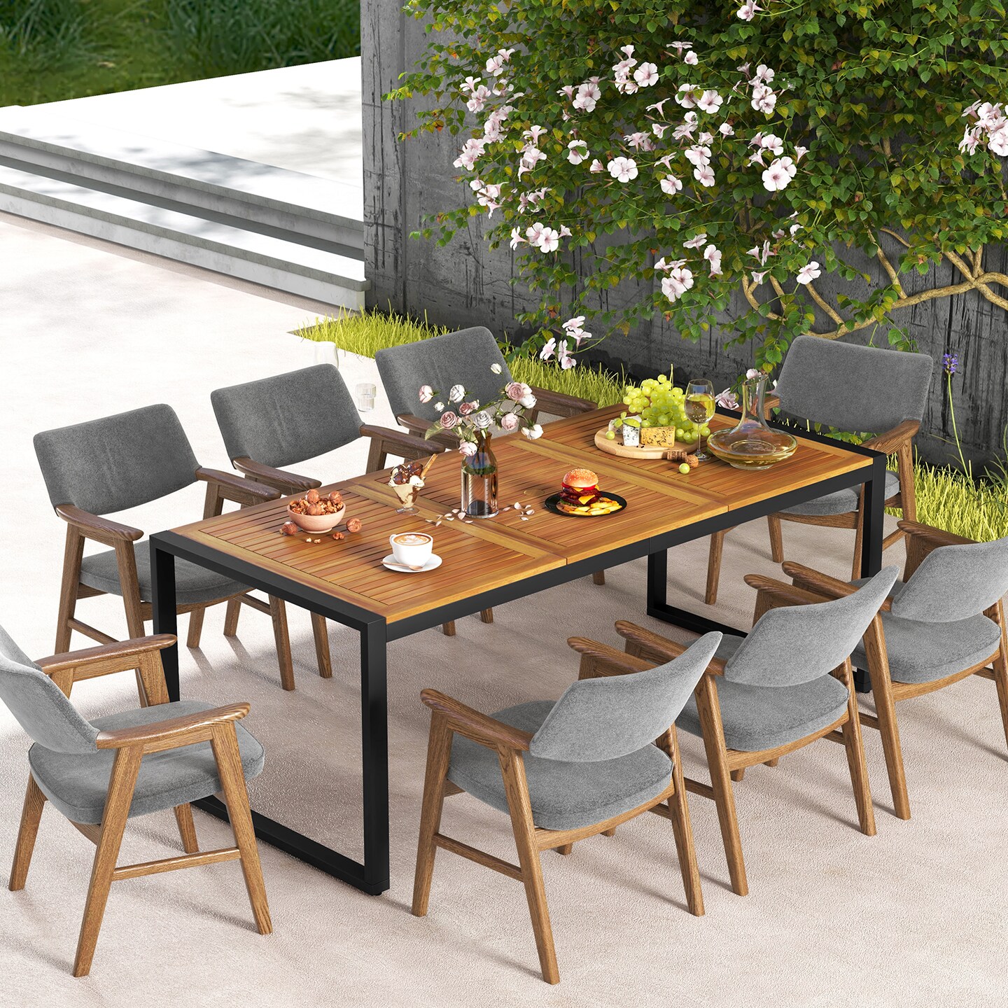 79 Inch Acacia Wood Patio Table With 1.9 Inch Umbrella Hole For Garden And Poolside