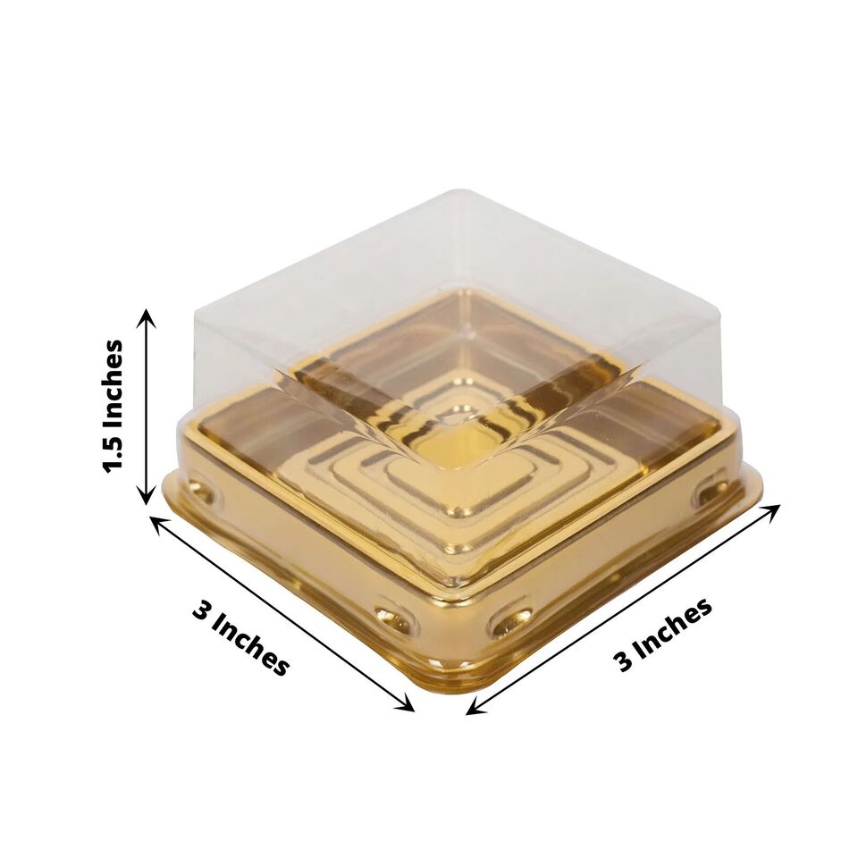50 Gold 3&#x22; Square Mini Cupcake Boxes Clear Dome Plastic FAVOR HOLDERS