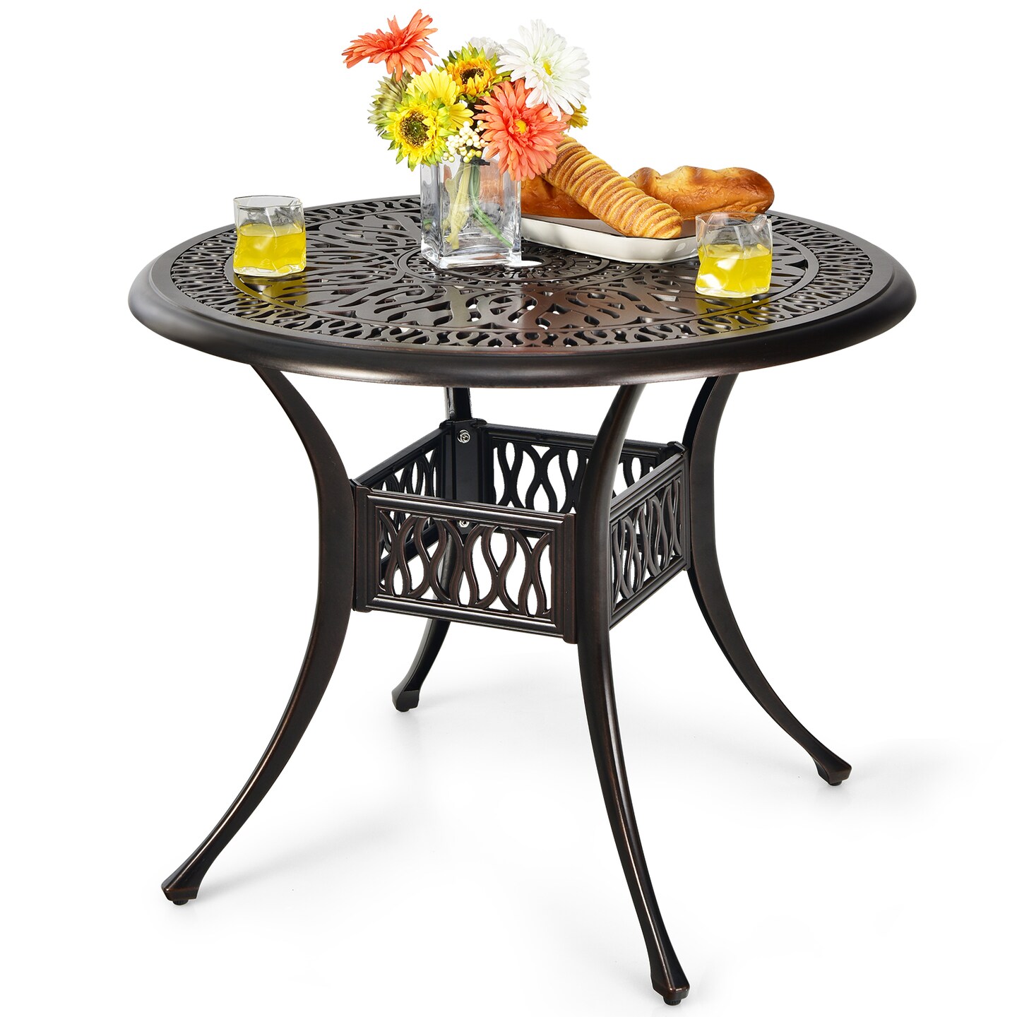 Brown Cast Aluminum Patio Table 36 Inch Outdoor Dining 4-Person Umbrella Hole
